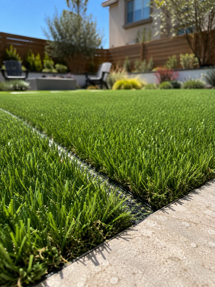 close-up of pet-friendly artificial turf blades installed in Burbank California