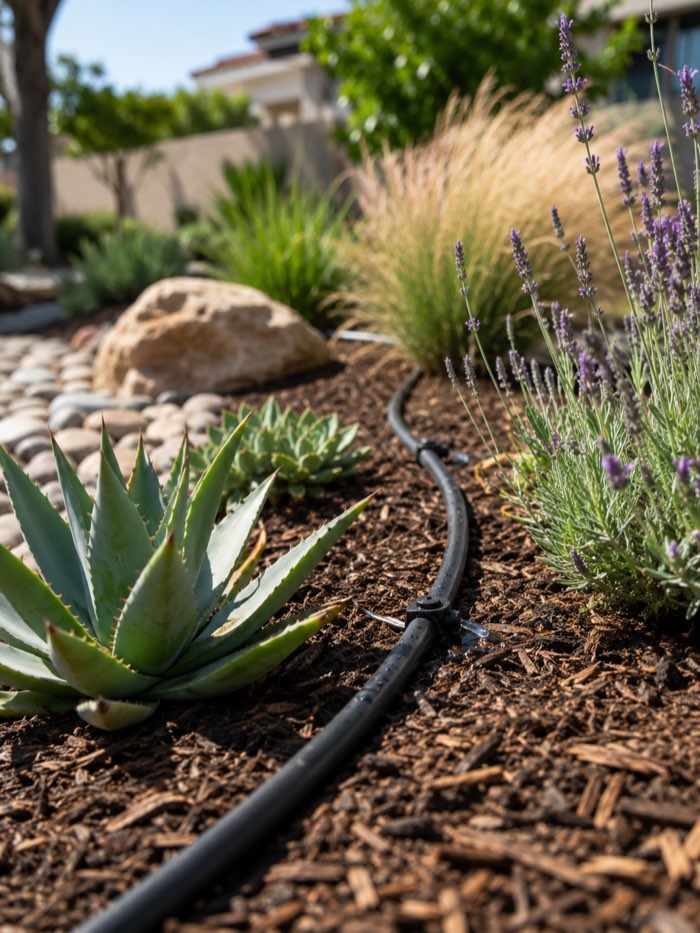 drip irrigation line in a drought-tolerant landscaping project in Burbank California