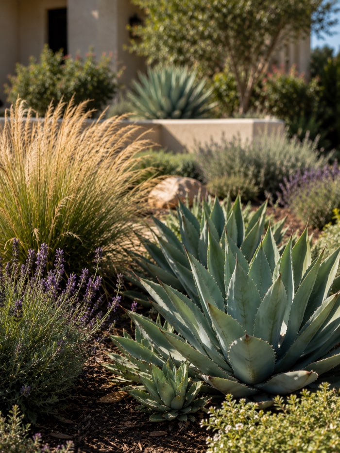 close-up of native drought-tolerant plants in a Burbank landscaping project