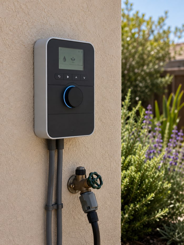 smart irrigation controller installed on an exterior wall in Burbank California