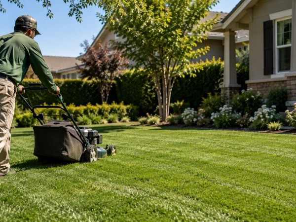 lawn care and maintenance crew mowing a yard in Burbank California