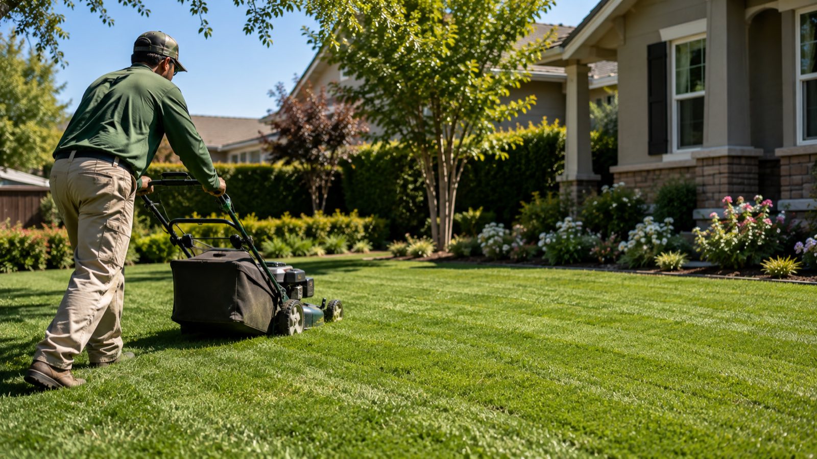 lawn care and maintenance crew mowing a yard in Burbank California