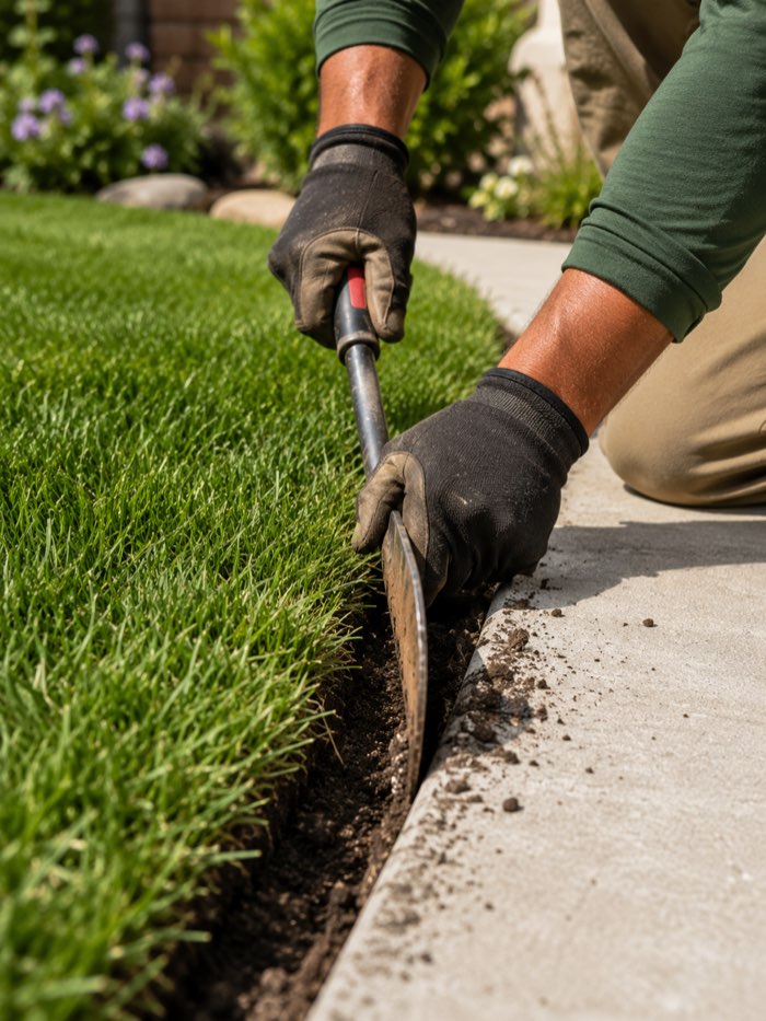 crew member edging a lawn along a walkway in Burbank California