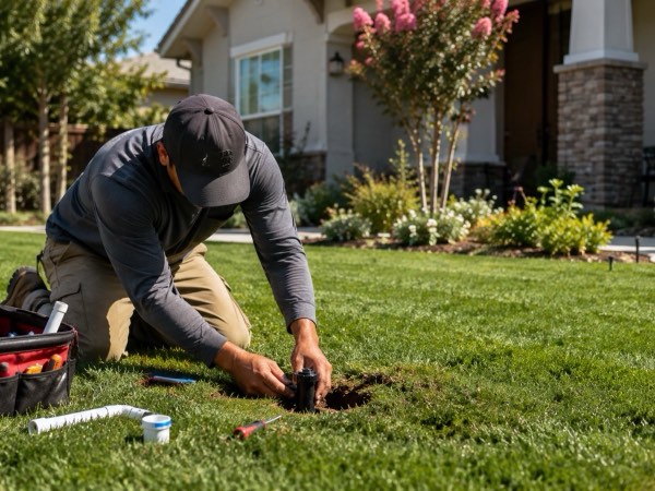 sprinkler and irrigation repair technician working in a Burbank California yard