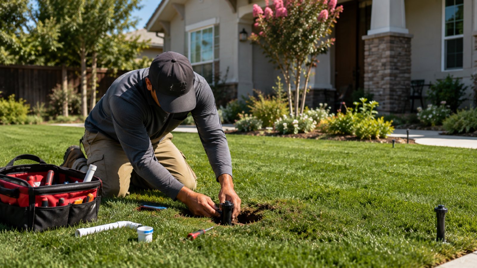 sprinkler and irrigation repair technician working in a Burbank California yard